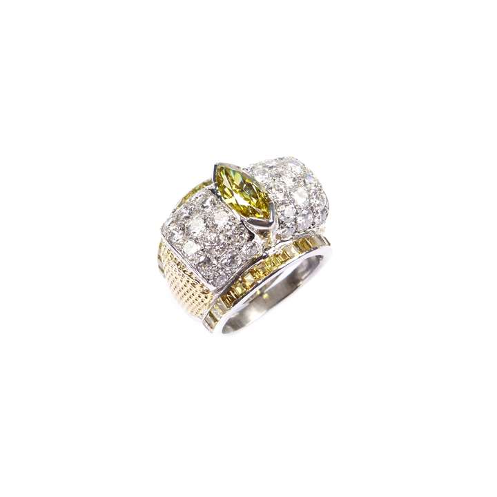 Fancy deep yellow diamond, diamond and gold ring
